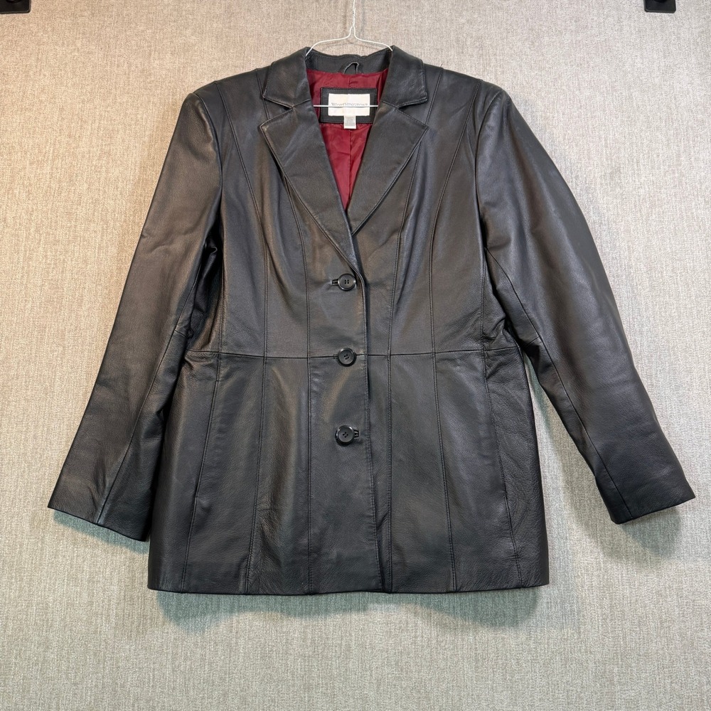 Worthington Womens Black Genuine Leather Blazer Jacket Red Lining Large 3 Button